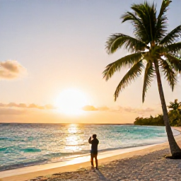 Caribbean Holidays, Guadeloupe Instagram Spots, Golden sunrise over a quiet Guadeloupe beach in February, turquoise Caribbean water, palm trees and a traveller taking photographs