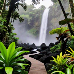 Caribbean Holidays, Guadeloupe Instagram Spots, Lush Guadeloupe rainforest with a misty waterfall, volcanic rocks, tropical plants and a wooden footpath
