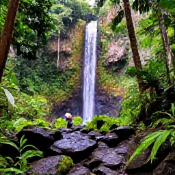 Caribbean Holidays, Guadeloupe Instagram Spots, Lush Guadeloupe rainforest with a waterfall, wet rocks, tropical foliage and a hiker on a forest path