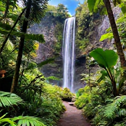 Caribbean Holidays, Guadeloupe Instagram Spots, Lush tropical rainforest trail and cascading waterfall in Guadeloupe National Park, photographed in clear November daylight