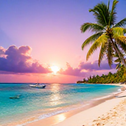 Caribbean Holidays, Guadeloupe Instagram Spots, Palm-fringed Sainte-Anne beach in Guadeloupe with clear shallow water, fishing boats and a vivid Caribbean sunset