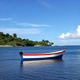 Caribbean Holidays, Guadeloupe Instagram Spots, Small colourful boat on calm blue water near the Guadeloupe islands, with green coastline and a clear February sky