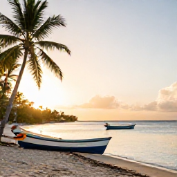 Caribbean Holidays, Guadeloupe Instagram Spots, Small colourful fishing boats on a quiet Guadeloupe beach at golden hour, with palm trees and calm sea