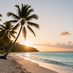 Caribbean Holidays, Guadeloupe Instagram Spots, Sunrise at a quiet Guadeloupe beach in June, turquoise water, palm trees and soft golden light