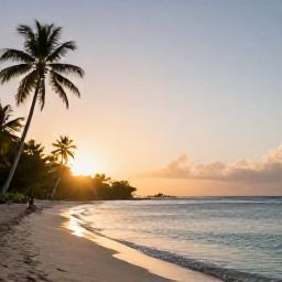 Caribbean Holidays, Guadeloupe Instagram Spots, Sunrise over a quiet tropical beach in Guadeloupe, calm turquoise sea, palm trees and soft golden light