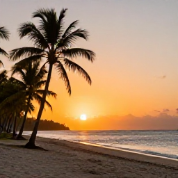 Caribbean Holidays, Guadeloupe Instagram Spots, Sunset over a quiet Guadeloupe beach with silhouetted palm trees and warm orange sky