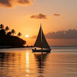 Caribbean Holidays, Guadeloupe Instagram Spots, Traditional Guadeloupe sailing boat on a calm bay at sunset, orange sky, tropical coastline and reflections on the water