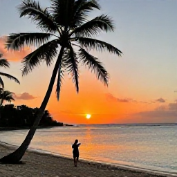 Caribbean Holidays, Guadeloupe Instagram Spots, Traveller photographing a colourful Guadeloupe sunset from a palm-fringed beach, with orange sky and calm Caribbean water