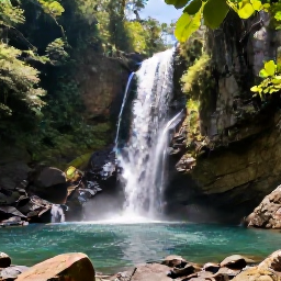 Caribbean Holidays, Guadeloupe Instagram Spots, Waterfall in Guadeloupe National Park surrounded by lush rainforest, volcanic rocks and a clear pool in bright February sunshine