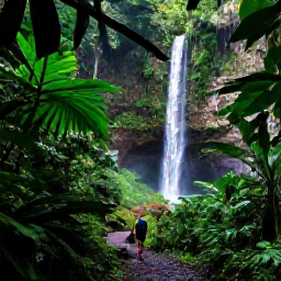 Caribbean Holidays, Guadeloupe Instagram Spots, Waterfall in Guadeloupe rainforest surrounded by vivid green leaves, with a hiker on a shaded path
