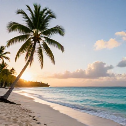 Caribbean Holidays, Guadeloupe Instagram, Sunrise over a turquoise Guadeloupe beach in July, palm trees, soft golden light and calm Caribbean water