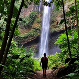 Caribbean Holidays, Guadeloupe Instagram, Waterfall surrounded by lush tropical forest in Basse-Terre, Guadeloupe, with a hiker on a shaded trail in July