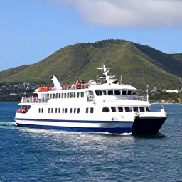 Caribbean Holidays, Guadeloupe Island Hopping, A fast ferry leaving Guadeloupe for Dominica, with green mountains, blue Caribbean sea and passengers enjoying a sunny January crossing