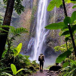 Caribbean Holidays, Guadeloupe Island Hopping, Dramatic Dominica rainforest with a waterfall, tropical foliage and a hiker on a forest trail