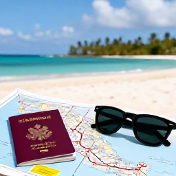 Caribbean Holidays, Guadeloupe Island Hopping, Open Caribbean travel itinerary with passport, map, sunglasses and a tropical beach in the background