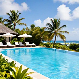 Caribbean Holidays, Guadeloupe January, Adults relaxing beside a stylish infinity pool at an adults-only hotel in Guadeloupe, with tropical greenery and bright Caribbean sunshine