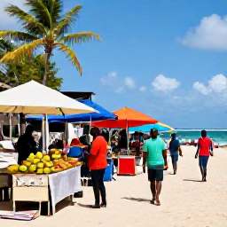 Caribbean Holidays, Guadeloupe January Beaches, A colourful Guadeloupe beach market in January with tropical fruit, local food stalls and friendly visitors