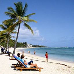 Caribbean Holidays, Guadeloupe January Beaches, Visitors relaxing on Sainte-Anne beach in Guadeloupe, with sun loungers, palm trees and calm Caribbean water