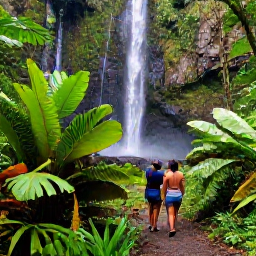 Caribbean Holidays, Guadeloupe January, Couple exploring lush rainforest and a waterfall in Basse-Terre, Guadeloupe, with tropical plants and a clear walking trail