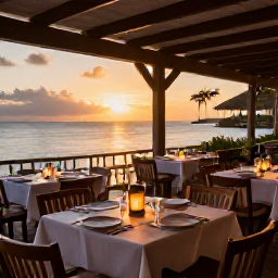 Caribbean Holidays, Guadeloupe January, Elegant adults-only restaurant in Guadeloupe serving fresh seafood and Creole dishes, with an open-air terrace at sunset