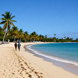 Caribbean Holidays, Guadeloupe January, Golden sandy beach in Guadeloupe in January, with calm turquoise water, palm trees and two adults walking along the shoreline