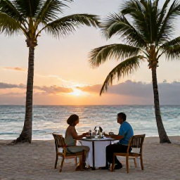 Caribbean Holidays, Guadeloupe January Holidays, A couple enjoying a relaxed sunset dinner at a Guadeloupe beachfront resort in January, with palm trees and the Caribbean sea behind them