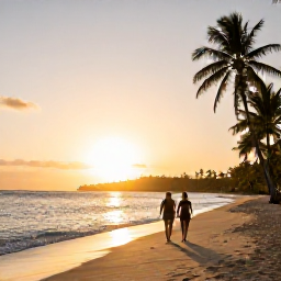 Caribbean Holidays, Guadeloupe January Holidays, A couple walking along a golden Guadeloupe beach at sunset, with calm sea, palm silhouettes and warm evening light