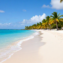 Caribbean Holidays, Guadeloupe January Holidays, A sunny Guadeloupe beach with clear turquoise water, soft white sand, palm trees and a relaxed holiday atmosphere