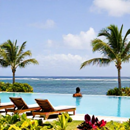 Caribbean Holidays, Guadeloupe January Holidays, Adults relaxing beside an infinity pool at a stylish Guadeloupe resort, tropical gardens and calm blue sea in the background