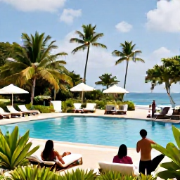 Caribbean Holidays, Guadeloupe January Holidays, An elegant all-inclusive resort in Guadeloupe with a swimming pool, sun loungers, tropical gardens and guests enjoying a January afternoon