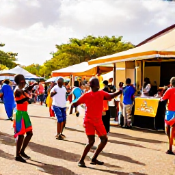 Caribbean Holidays, Guadeloupe January Holidays, Colourful Guadeloupe street festival with dancers, musicians and local food stalls in warm January sunshine