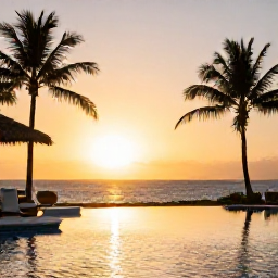 Caribbean Holidays, Guadeloupe January Holidays, Elegant adults-only Guadeloupe hotel at sunset, quiet pool, palm trees and warm golden light over the Caribbean Sea
