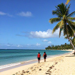 Caribbean Holidays, Guadeloupe January Holidays, Golden sandy beach in Guadeloupe during January, palm trees, clear turquoise water and two adults walking along the shoreline