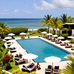 Caribbean Holidays, Guadeloupe January Holidays, Guests relaxing beside a stylish all-inclusive resort pool in Guadeloupe, with tropical gardens and the Caribbean Sea in the background