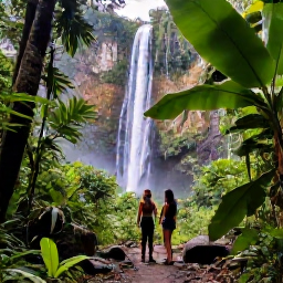 Caribbean Holidays, Guadeloupe January Holidays, Lush Guadeloupe rainforest trail with waterfalls and a couple exploring beneath broad tropical leaves
