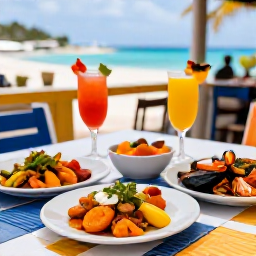 Caribbean Holidays, Guadeloupe January Holidays, Outdoor table at a welcoming Guadeloupe restaurant with colourful Creole dishes, fresh seafood and tropical drinks