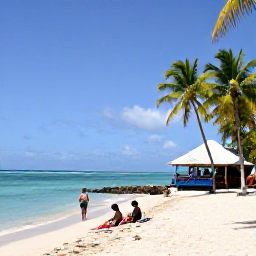 Caribbean Holidays, Guadeloupe January Holidays, Travellers enjoying a relaxed Guadeloupe beach with turquoise water, palm trees and a small Creole restaurant nearby