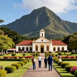 Caribbean Holidays, Guadeloupe January, Visitors exploring a historic Guadeloupe plantation estate surrounded by tropical gardens and mountain scenery