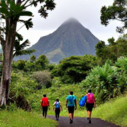 Caribbean Holidays, Guadeloupe June Trips, Hikers walking through tropical rainforest towards a waterfall in Guadeloupe, with volcanic mountains in the background