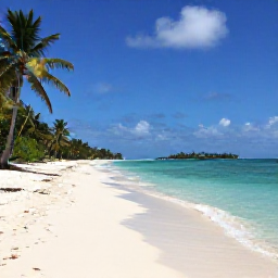 Caribbean Holidays, Guadeloupe June Trips, White sandy beach on Guadeloupe with turquoise water, palm trees and a small island visible offshore
