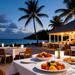 Caribbean Holidays, Guadeloupe Luxury Holidays, Chic beachfront restaurant in Guadeloupe serving fresh seafood and colourful Caribbean dishes, with palm trees and a relaxed evening atmosphere