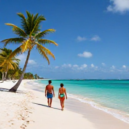 Caribbean Holidays, Guadeloupe Luxury Holidays, Couple enjoying a peaceful luxury beach holiday in Guadeloupe in October, with white sand, palm trees and turquoise water