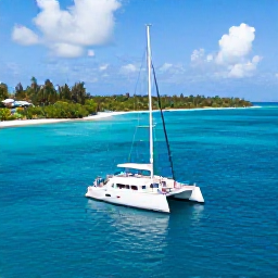 Caribbean Holidays, Guadeloupe Luxury Holidays, Couple enjoying a private catamaran cruise beside the Guadeloupe islands, clear blue sea, green coastline and secluded beach in March