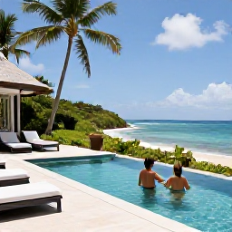 Caribbean Holidays, Guadeloupe Luxury Holidays, Couple enjoying a private infinity pool overlooking a tropical Guadeloupe coastline, with a comfortable terrace and lush greenery