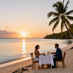 Caribbean Holidays, Guadeloupe Luxury Holidays, Couple enjoying a private sunset dinner on a Guadeloupe beach, elegant table setting, calm Caribbean water and palm trees