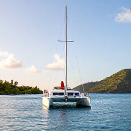 Caribbean Holidays, Guadeloupe Luxury Holidays, Couple enjoying a private sunset sailing trip around Guadeloupe, with a catamaran, calm blue water and green coastline in the background