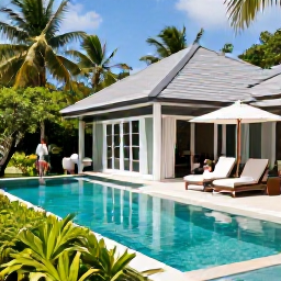 Caribbean Holidays, Guadeloupe Luxury Holidays, Couple relaxing beside a private infinity pool at a Guadeloupe luxury villa, surrounded by tropical greenery