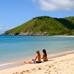 Caribbean Holidays, Guadeloupe Luxury Holidays, Couple relaxing on a beautiful Guadeloupe beach in February, calm turquoise water, golden sand and lush green hills