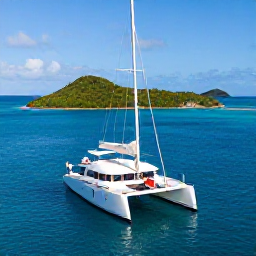 Caribbean Holidays, Guadeloupe Luxury Holidays, Couple relaxing on a luxury catamaran near Guadeloupe, with clear blue water, green islands and a sunny January sky