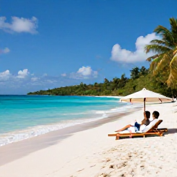 Caribbean Holidays, Guadeloupe Luxury Holidays, Couple relaxing on a secluded white-sand Guadeloupe beach with turquoise water, shaded loungers and tropical vegetation